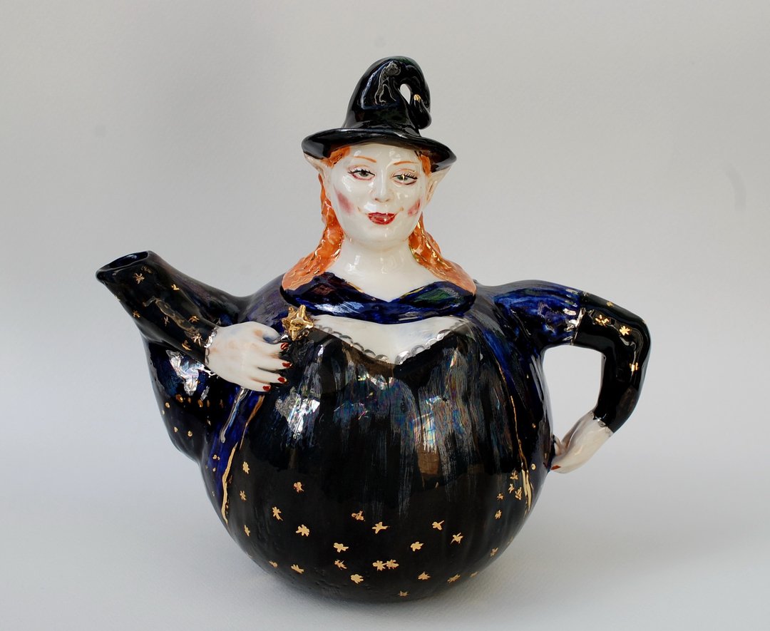 Funny teapot Witch sculpture Handmade porcelain art teapot Night fairy Lady - 茶具/茶杯 - 瓷 多色