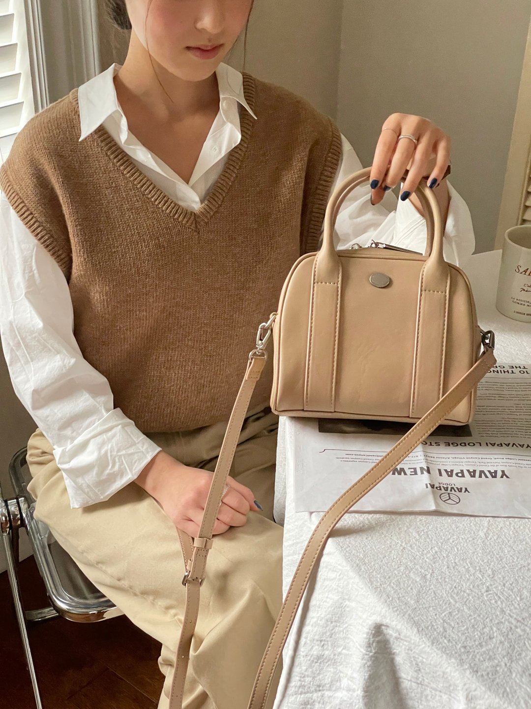 韩国 The Ally | MIA BAG | 米色 | 牛皮手袋 斜背包 - 侧背包/斜挎包 - 真皮 卡其色