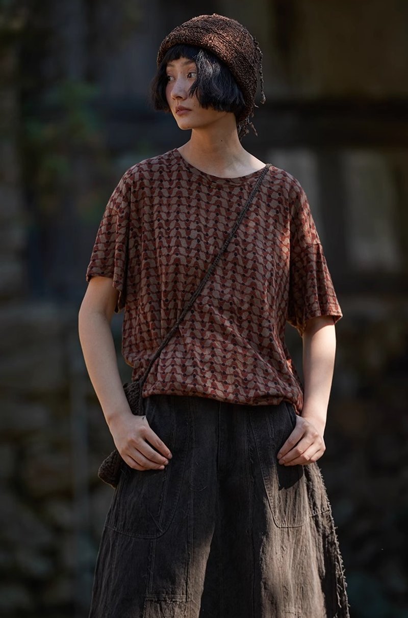 复古文青 棉麻针织短袖T恤 - 女装 T 恤 - 其他材质 多色