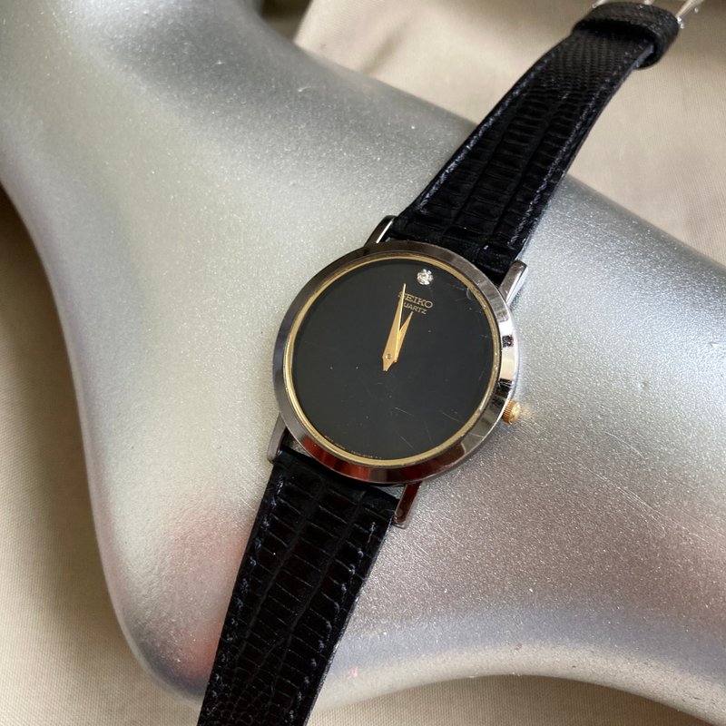 SEIKO 玻璃金色印刷 黑色圆形 真皮表带 古董表 vintage - 男表/中性表 - 其他金属 黑色