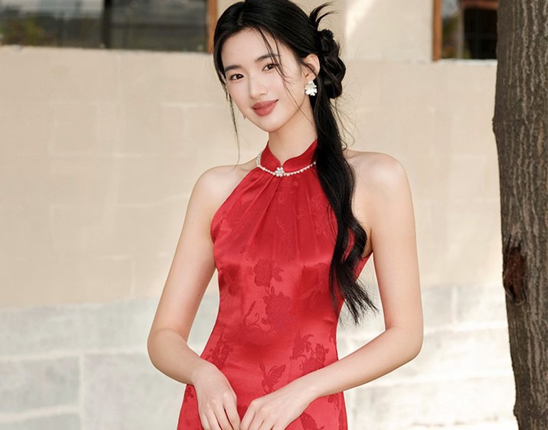 【桑蚕丝】新中式复古中国风 订婚礼服/真丝旗袍 - 洋装/连衣裙 - 其他材质 红色