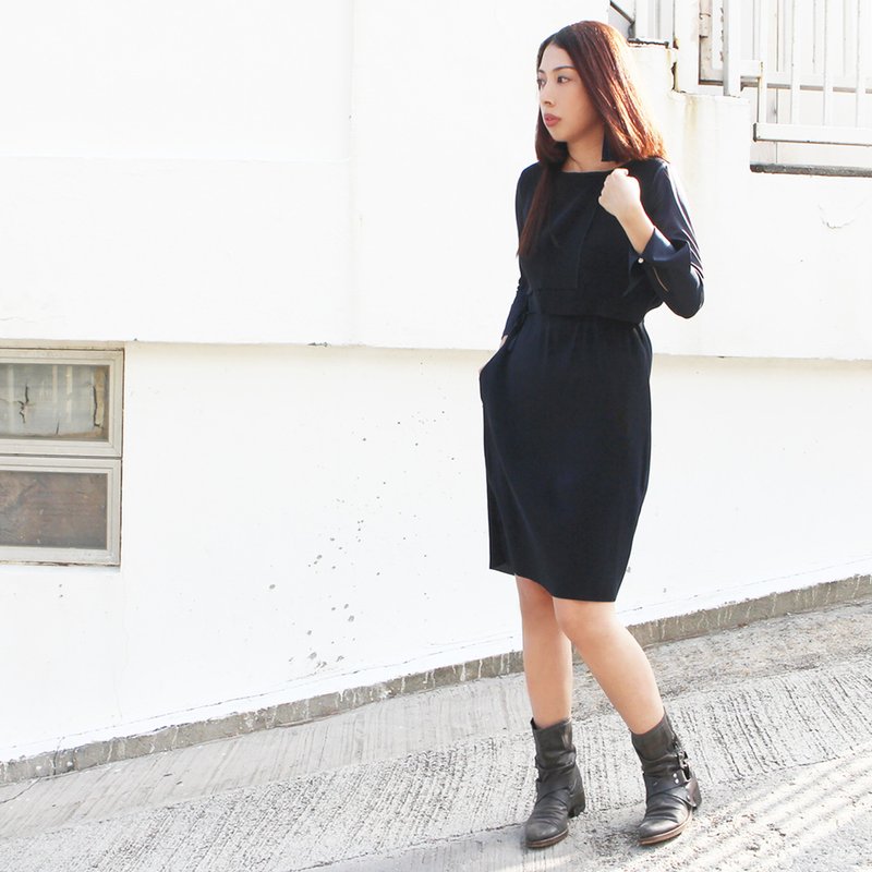 深蓝色压幼褶连衣裙   洋装 配橙色橘红色腰带 秋冬 - 裙子 - 纸 蓝色