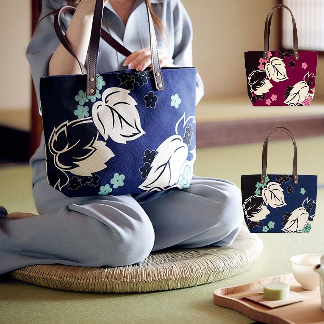 帆布托特包 女款 蔓藤花纹 【日本制】 - 手提包/手提袋 - 棉．麻 蓝色