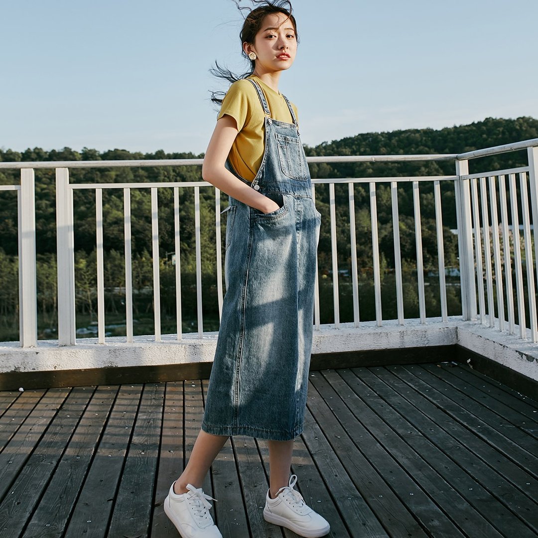 安妮陈2018夏装新款文艺女装牛仔蓝背带裙洋装连身裙 - 洋装/连衣裙 - 棉 蓝色
