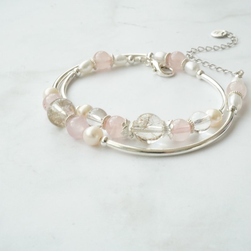 银发晶芙蓉粉晶白水晶淡水珍珠925纯银双链 - 手链/手环 - 水晶 多色