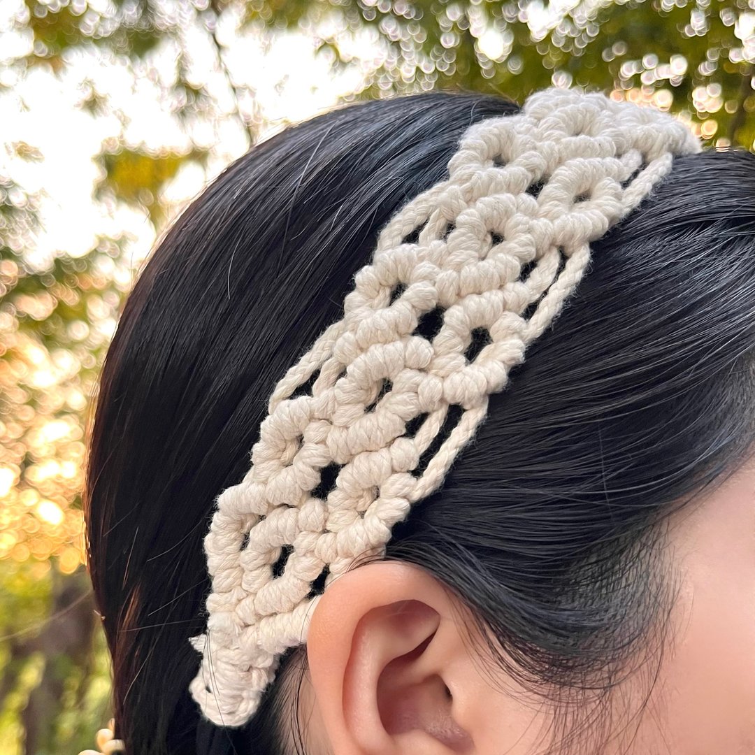 波希米亚浪漫编结发带 || macramé 编结工艺 疗愈文创手作 - 发带/发箍 - 棉．麻 白色