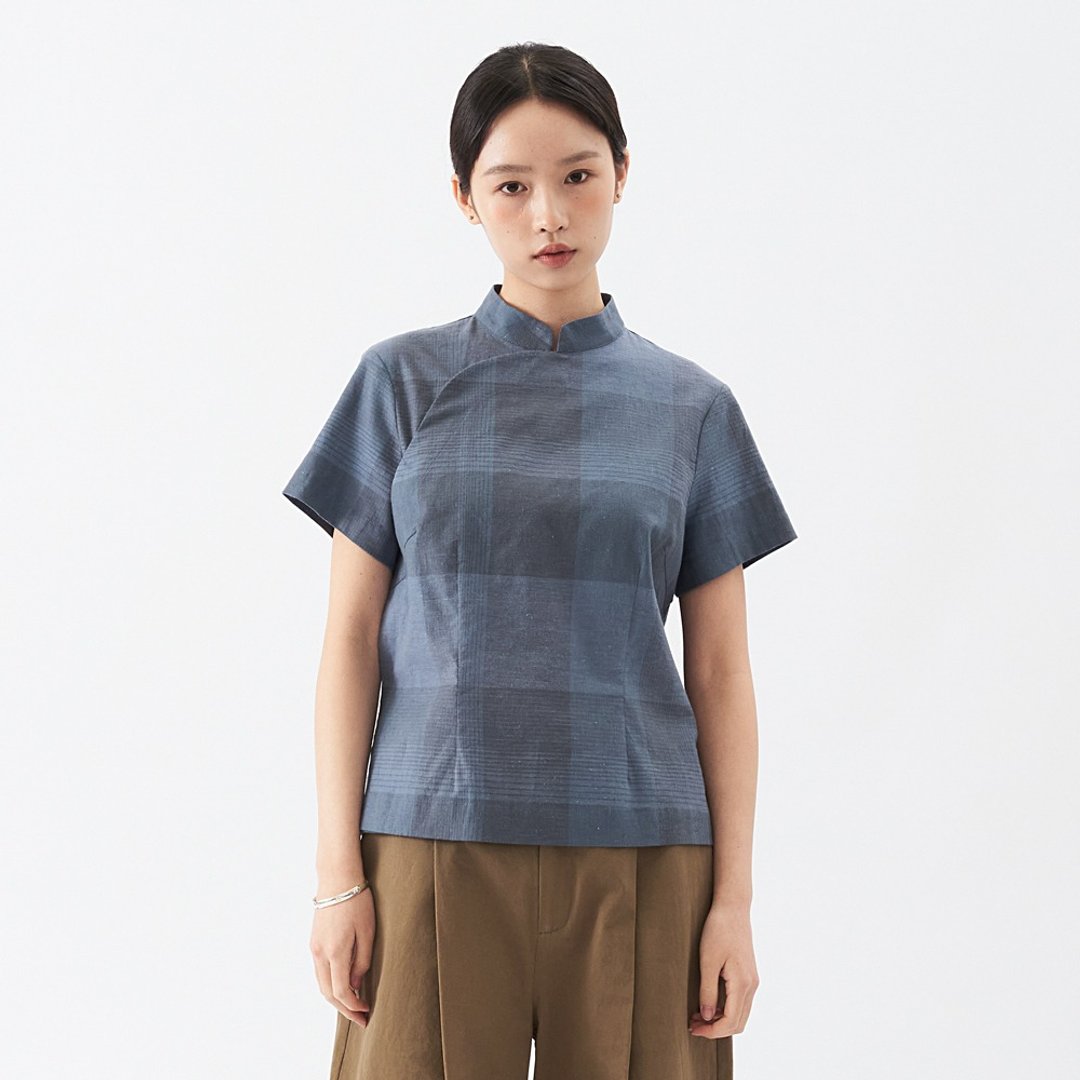 漢麻復古格子中國風上衣襯衫 SH211122 - 女装衬衫 - 棉．麻 蓝色