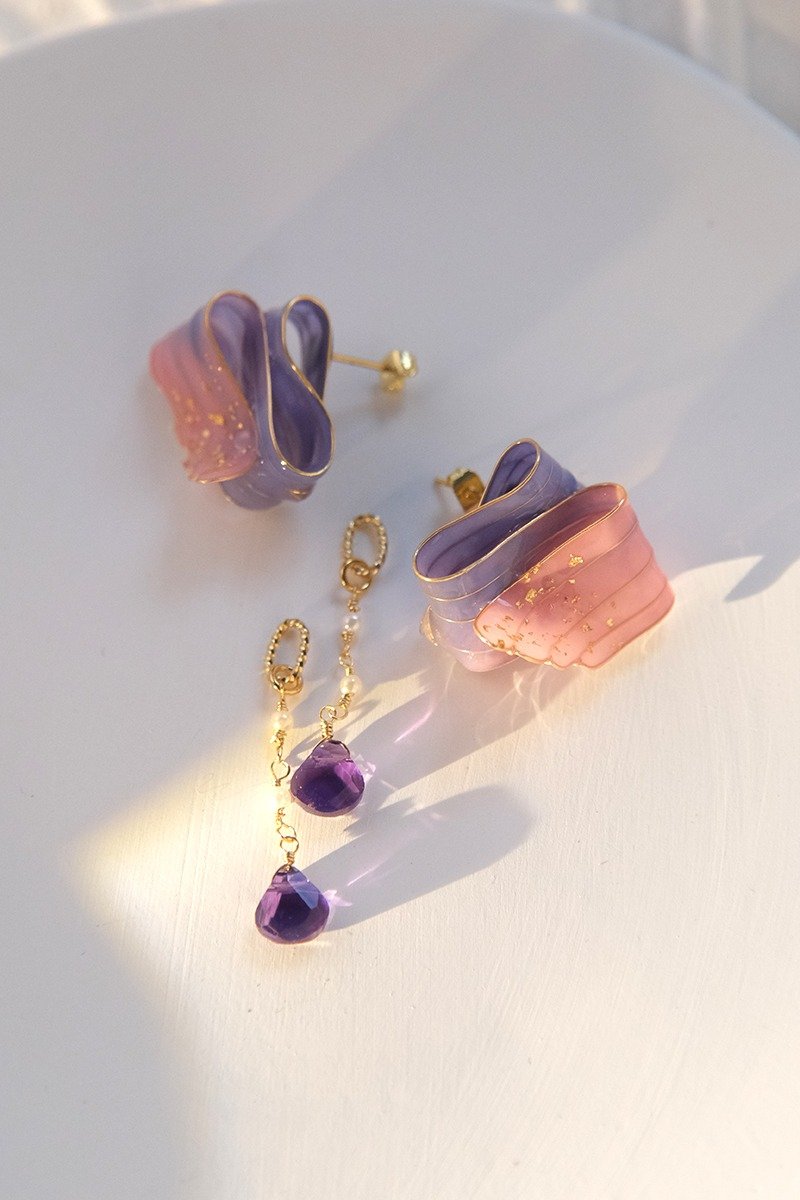 原创设计 / 云卷 / 堆叠的梦 紫水晶 多way 手工树脂耳环耳夹 - 耳环/耳夹 - 树脂 多色