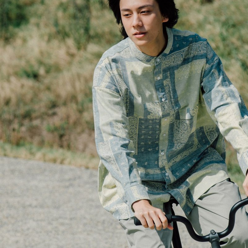 变形虫佩斯利长版衬衫 - 男装衬衫 - 棉．麻 蓝色