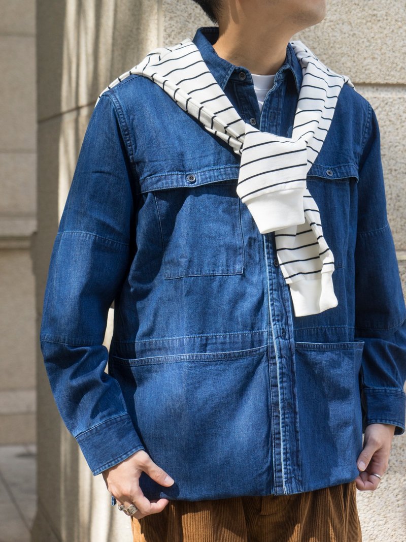 DENIM SHIRTS 日系洗水牛仔衬衫 复古indigo 休闲多口袋设计 - 男装衬衫 - 棉．麻 蓝色
