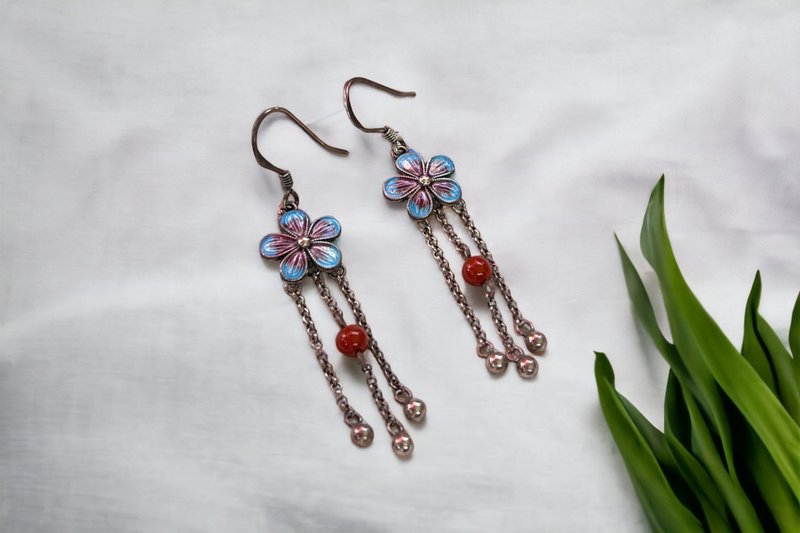 S925银烧蓝珐琅五瓣福梅款耳环/麒鹿珠宝原创设计 - 耳环/耳夹 - 珐琅 