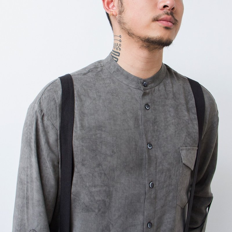 日系做舊染色復古立領寬鬆休閒長袖襯衫 - 男装衬衫 - 棉．麻 