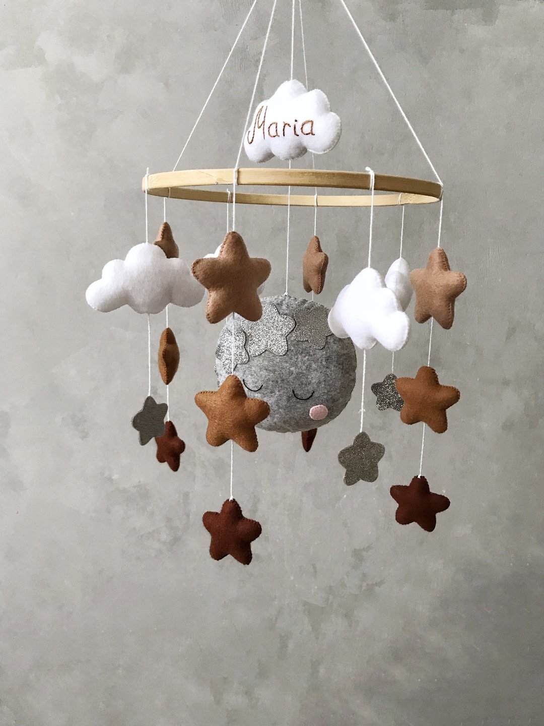 Moon and stars baby mobile, Space mobile, Crib mobile, Musical cot mobile - 玩具/玩偶 - 环保材料 灰色