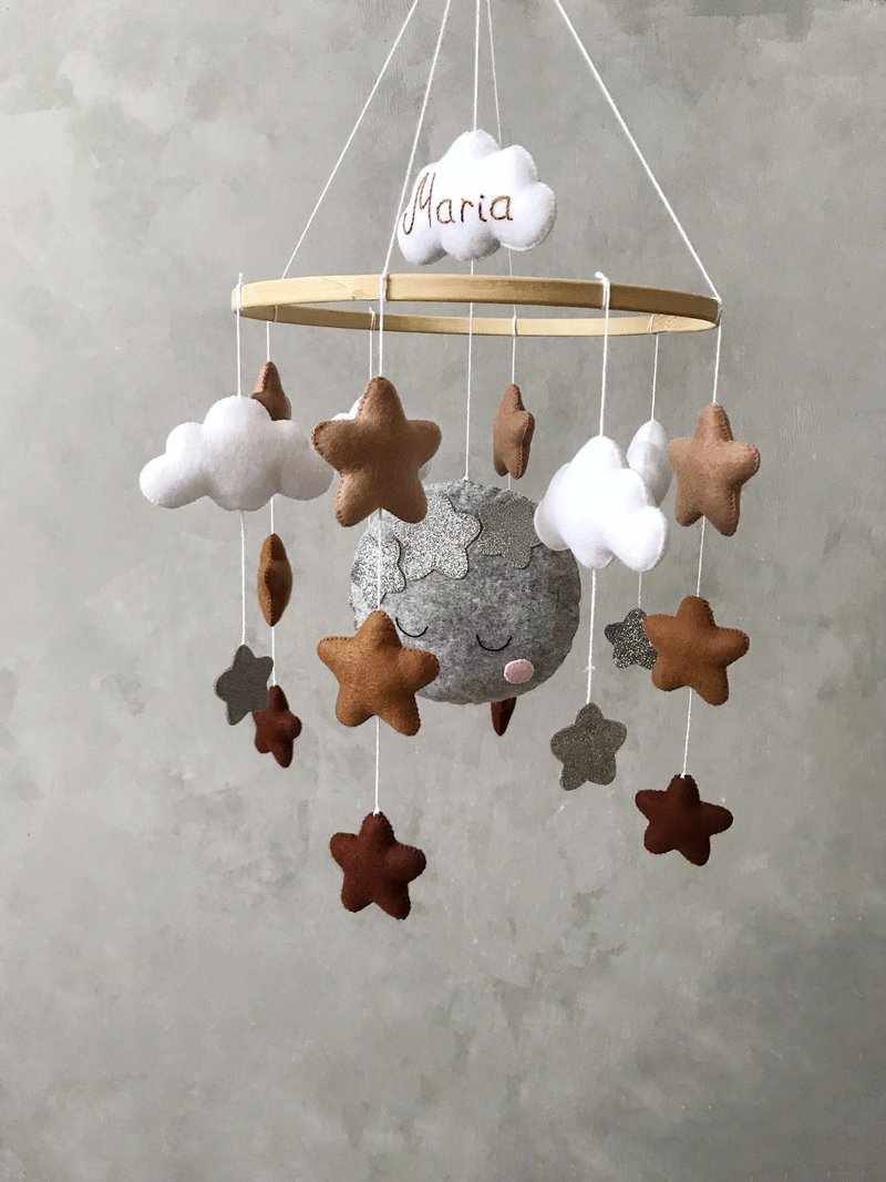 Moon and stars baby mobile, Space mobile, Crib mobile, Musical cot mobile - 玩具/玩偶 - 环保材料 灰色