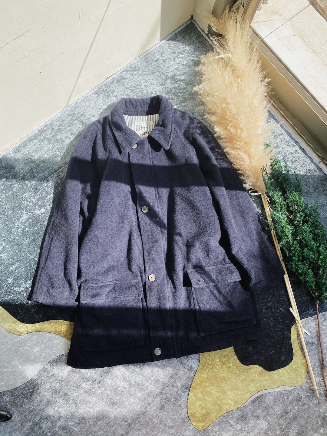 FILA 黑蓝色静谧月色暗夜 羊毛大衣外套 古着古董 vintage - 女装休闲/机能外套 - 羊毛 蓝色
