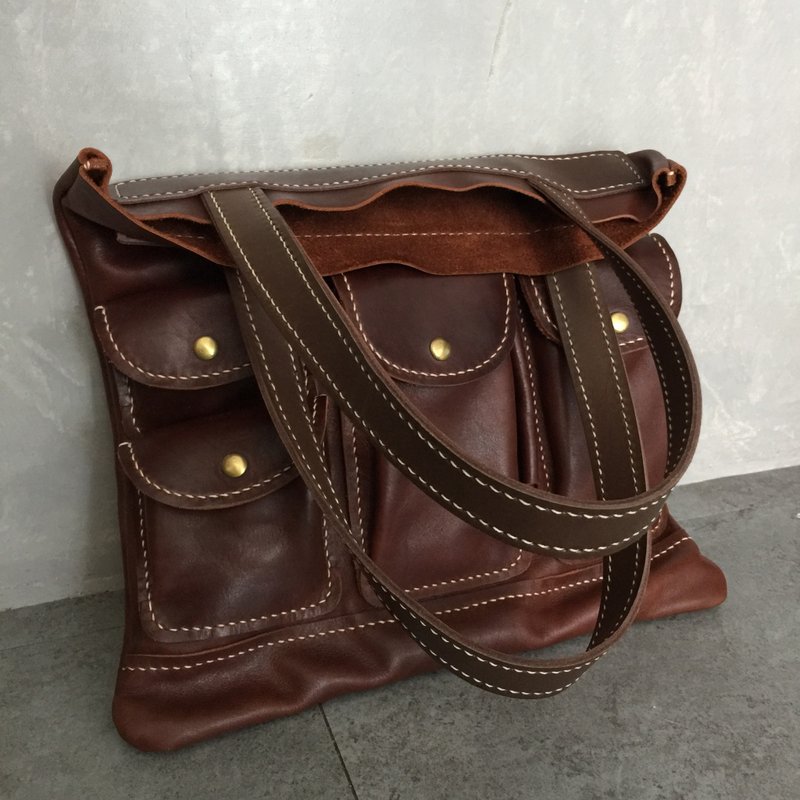 手工缝制软皮手提包搭配深棕色植鞣革肩带 - 手提包/手提袋 - 真皮 