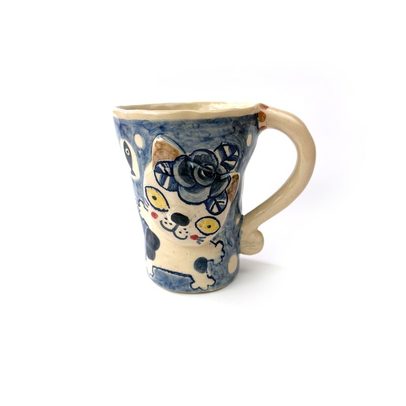 Nice Little Clay 手工铃铛杯 可爱猫 0101-155 - 咖啡杯/马克杯 - 陶 白色