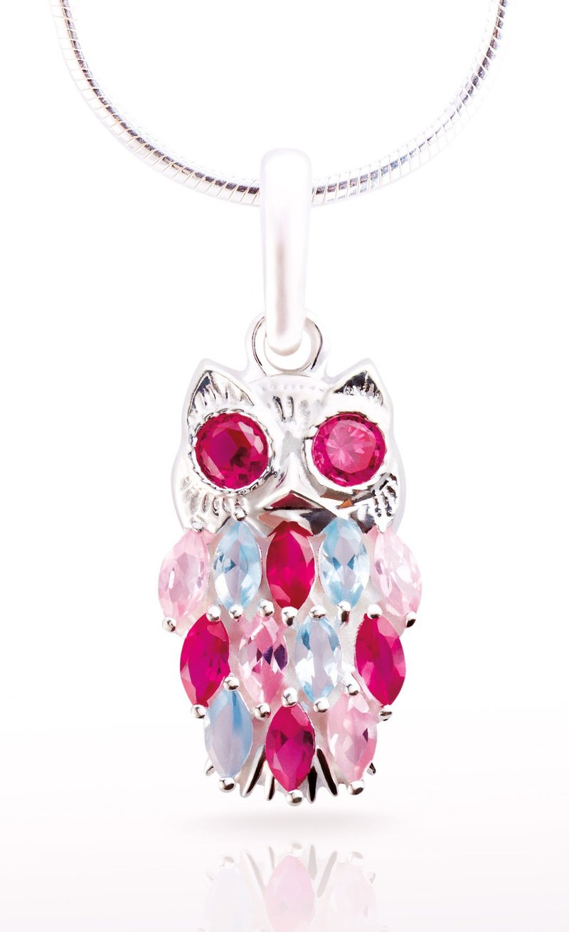 Silver CZ Owl Pendant - 项链 - 其他金属 粉红色