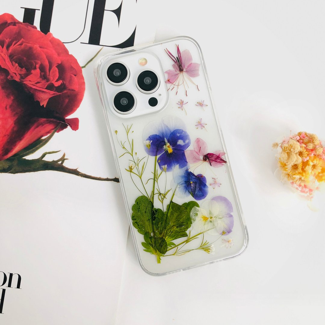 蓝紫三色堇押花手机壳适用于iPhone 16 Pro SamsungS25 A35 S24FE - 手机壳/手机套 - 植物．花 