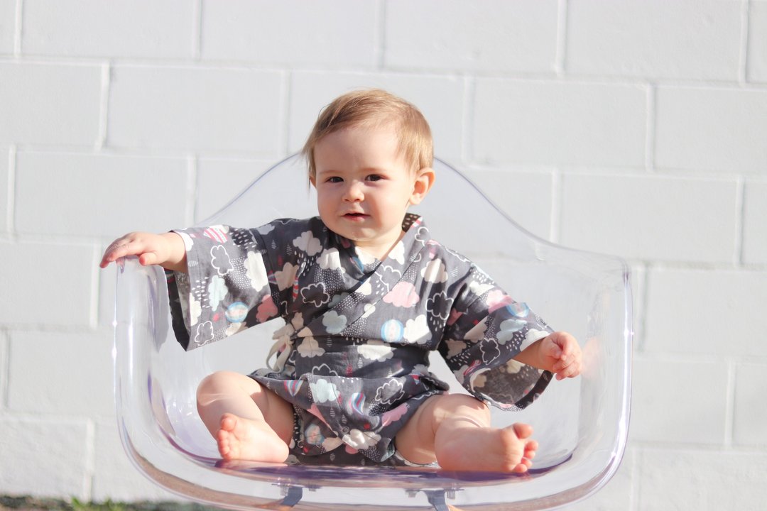 Cute Japanese Cotton Baby Kimono Romper Kaito - 植栽/盆栽 - 棉 灰色