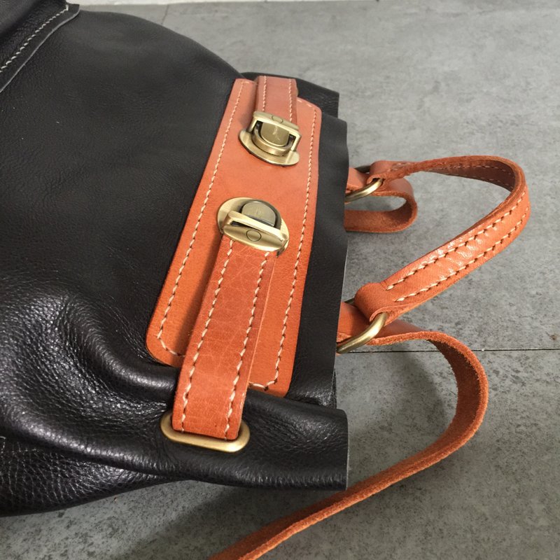 全手缝黑色软牛皮 + Tan植鞣革后背包-极简风手工皮革包 - 后背包/双肩包 - 真皮 