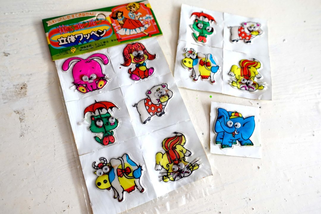 日本中古80年代儿童立体动物气垫趣味贴纸 高级二手古着珠宝首饰 - 贴纸 - 其他金属 多色
