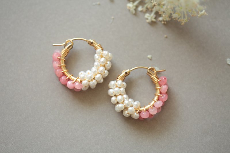 Happy circle 1.9cm│粉玉髓+珍珠款 可改夹式 - 耳环/耳夹 - 半宝石 粉红色