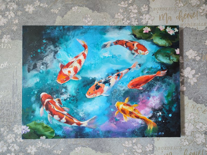 Koi Fish Painting Carp Oil Art Feng Shui Painting Fish Art - 墙贴/壁贴 - 其他材质 
