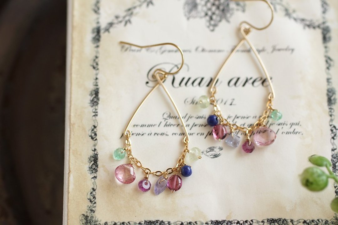 14kgf-English Garden Earrings - 耳环/耳夹 - 半宝石 粉红色