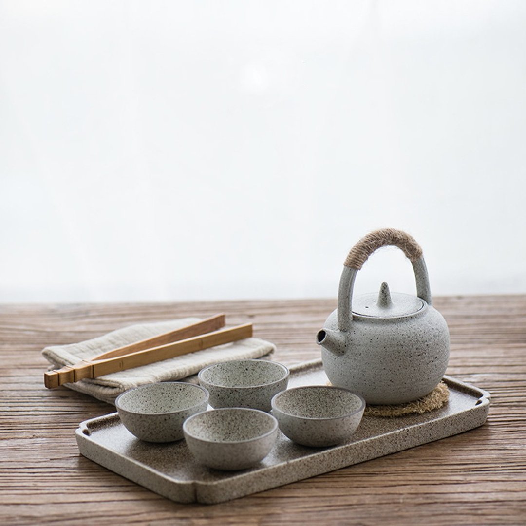 闻说|日式白泥提梁茶壶套 简约创意粗陶 家用小功夫茶具套装 - 茶具/茶杯 - 陶 