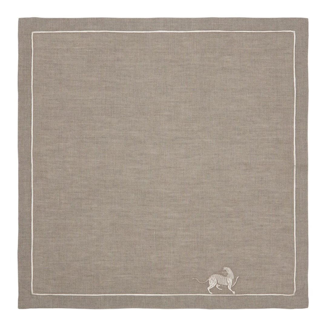 泰国 方巾 Tiger Embroidered Linen Napkin - Ivory - 手帕/方巾 - 亚麻 卡其色