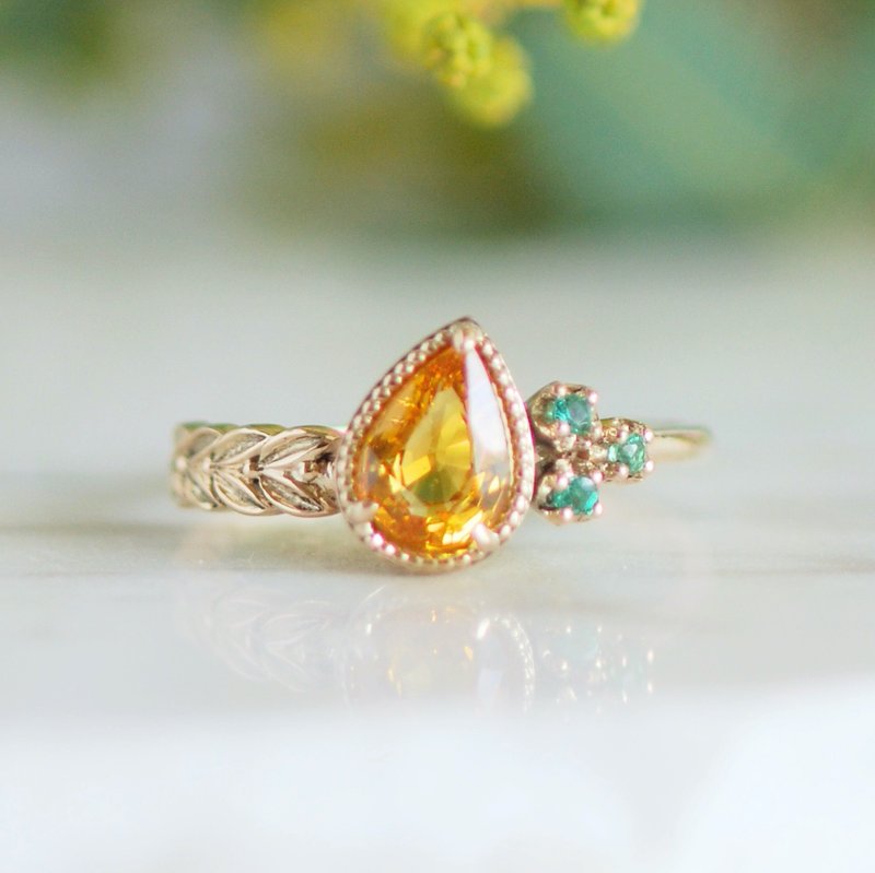Yellow Sapphire / Emerald Laurel Motif Ring / K10 [Limited to 1] - 戒指 - 宝石 黄色