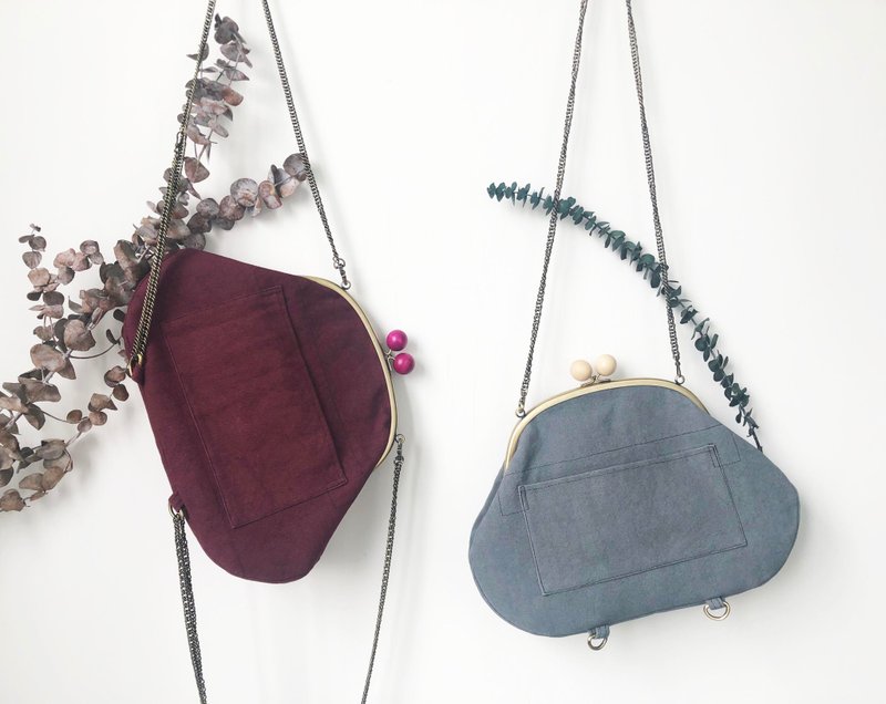 素色 水洗帆布口袋 圆型口金 手拿包 侧背包 肩背包 圆包 - 手拿包 - 棉．麻 多色