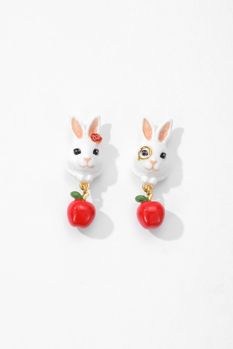 爱丽丝梦境兔子苹果耳环珐琅耳环~耳夹 - 耳环/耳夹 - 珐琅 