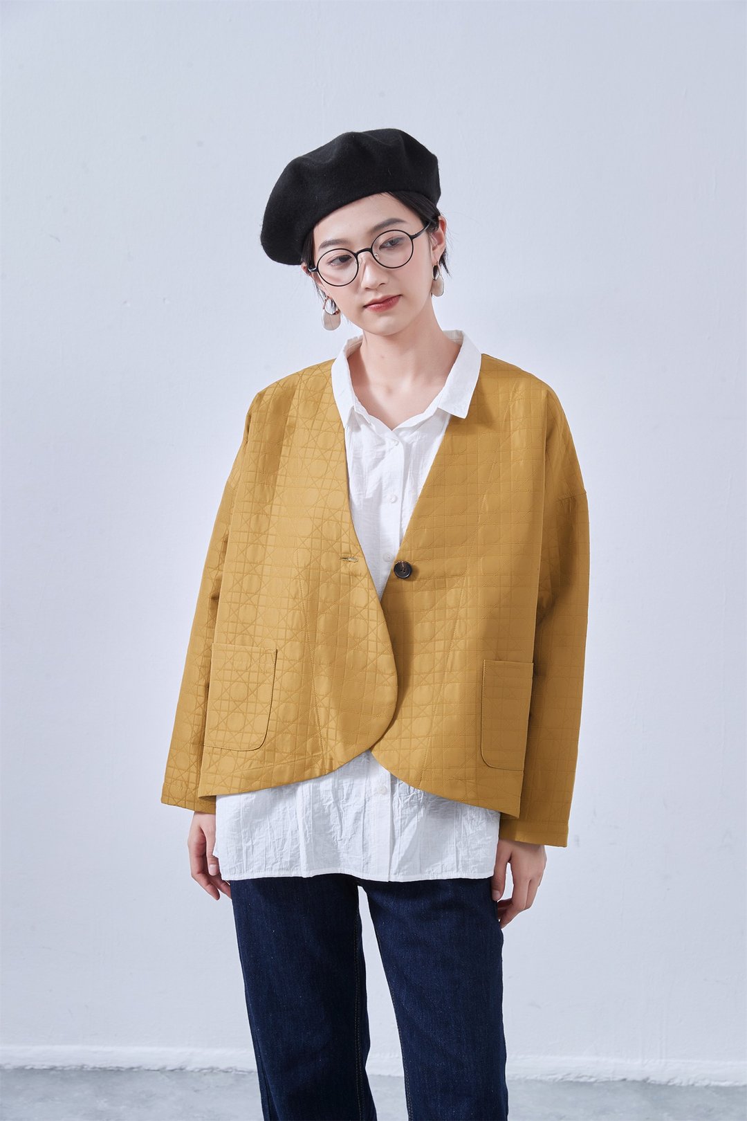 圆弧下摆・无领・菱格纹风格・长袖外套・秋季・甜美风 KNNJ355 - 女装休闲/机能外套 - 聚酯纤维 黄色