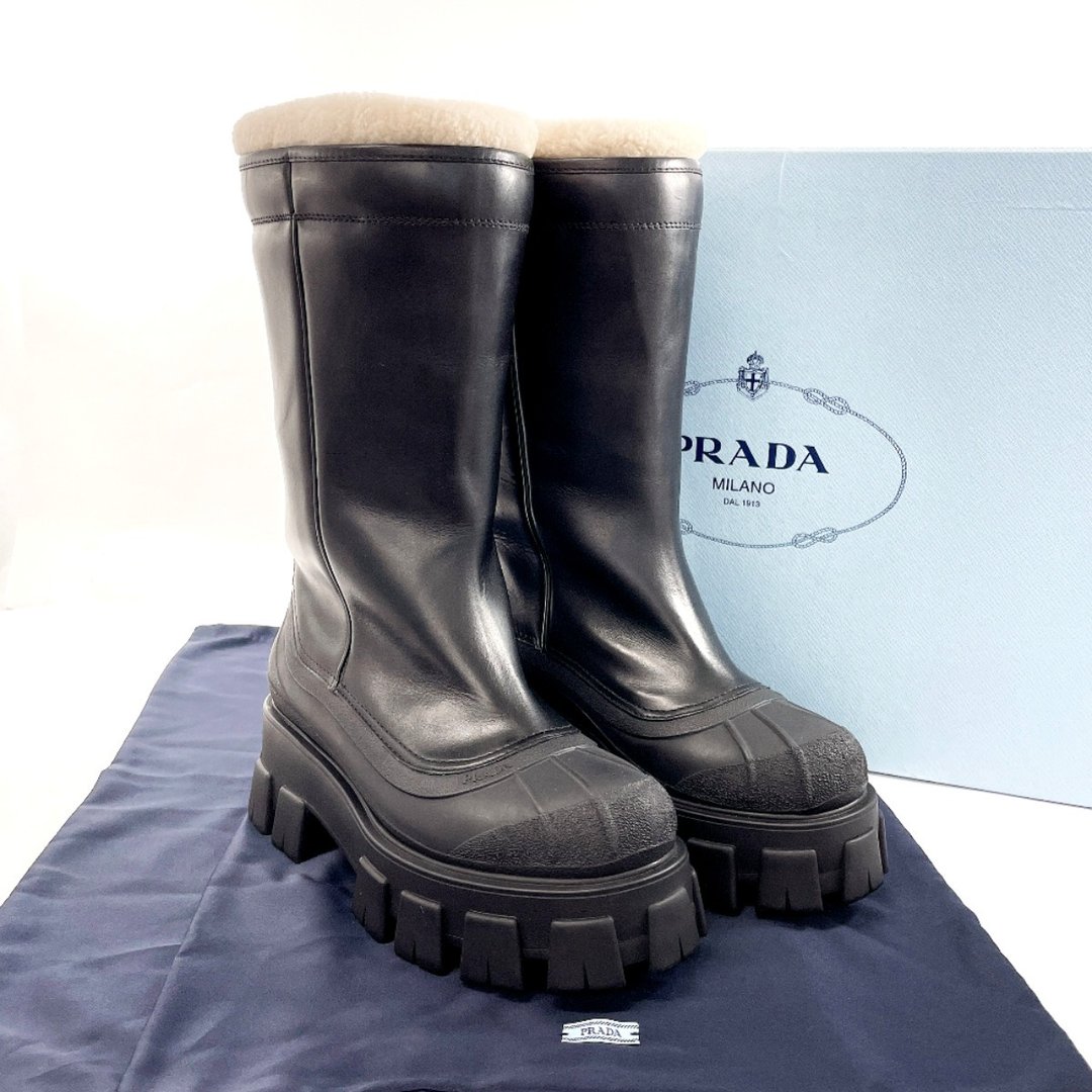 【日本直送 二手美品】PRADA 普拉达 靴子 1W380M Monolith shearling boots 皮革/羊毛 黑色 23cm - 女款长靴 - 真皮 黑色