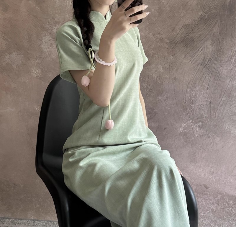 新中式复古 / 半袖旗袍连身裙 / 格纹 - 洋装/连衣裙 - 其他材质 多色