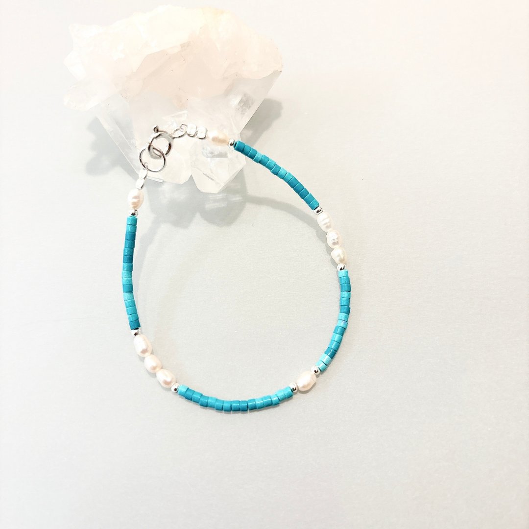 Ops Pearl Turquoise silver bracelet- 珍珠/纯银/绿松石/手链 - 手链/手环 - 宝石 绿色