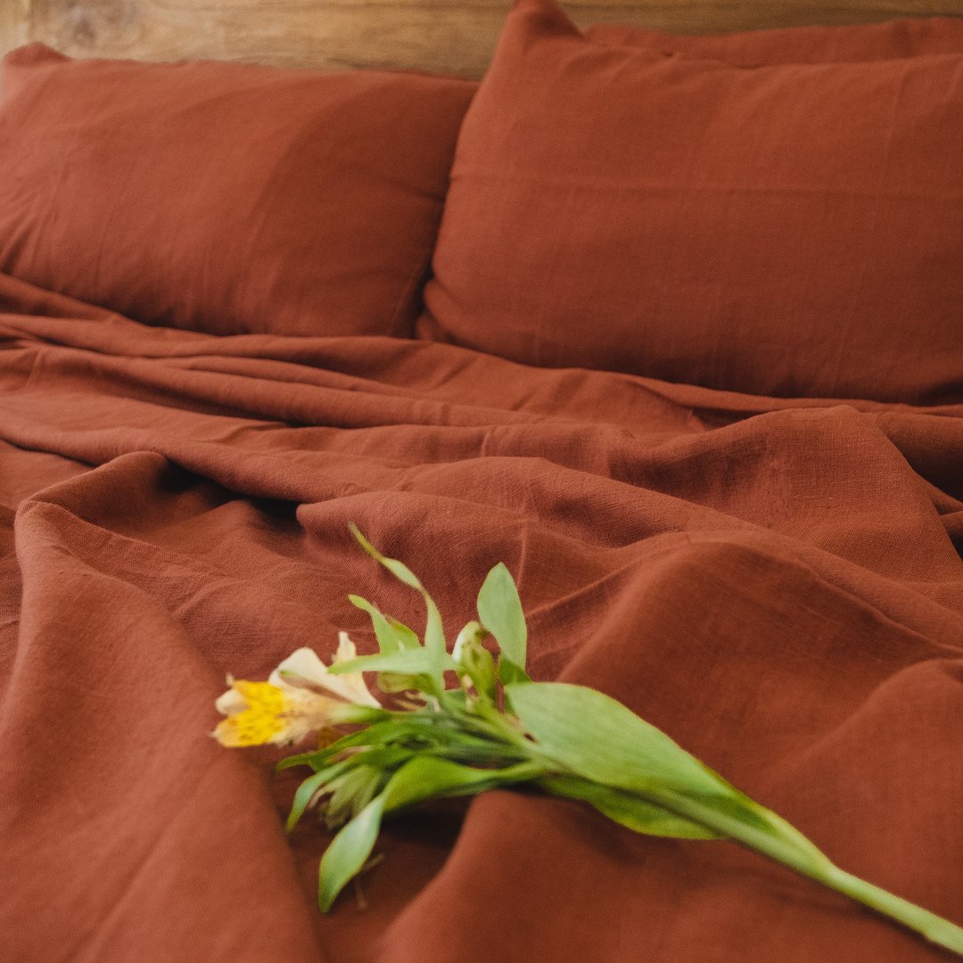 Redwood linen flat sheet / Linen bedsheet / Softened stonewashed linen sheet - 寝具 - 亚麻 红色