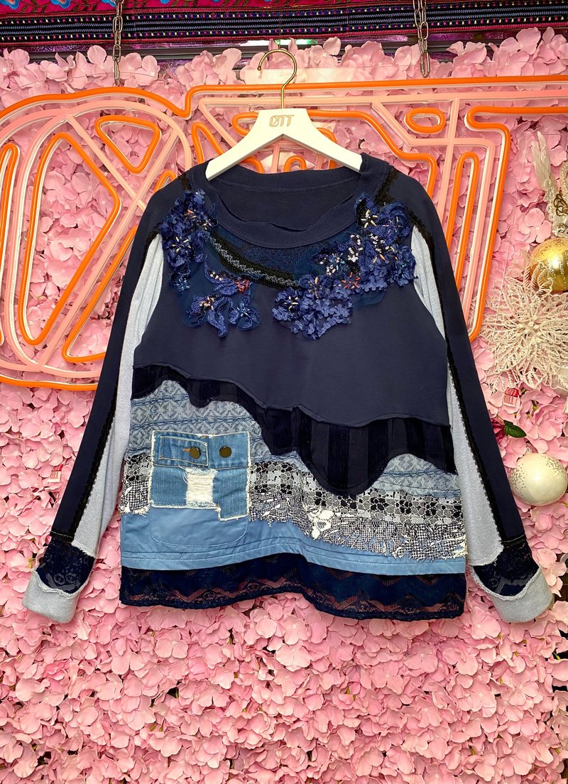 OTT独一无二•Unique日系小清新手绣刺绣立体花洗水牛仔拼布上衣 - 女装上衣 - 棉．麻 蓝色