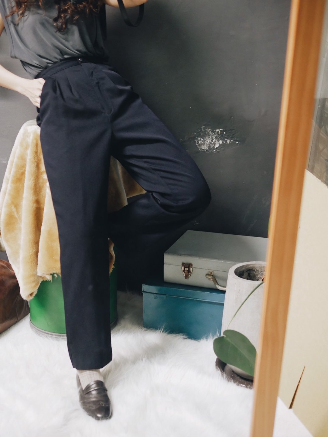 海黑蓝素面打折 古董夏季毛料软布宽长裤 西装裤 pants vintage - 女装长裤 - 羊毛 蓝色