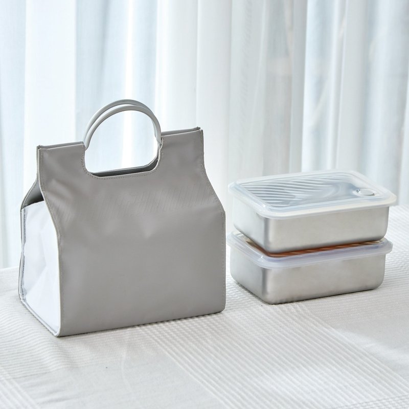 【 外带有型组 】  Double Box 微波蒸气保鲜盒 + 保温托特包 - 便当盒/饭盒 - 不锈钢 银色