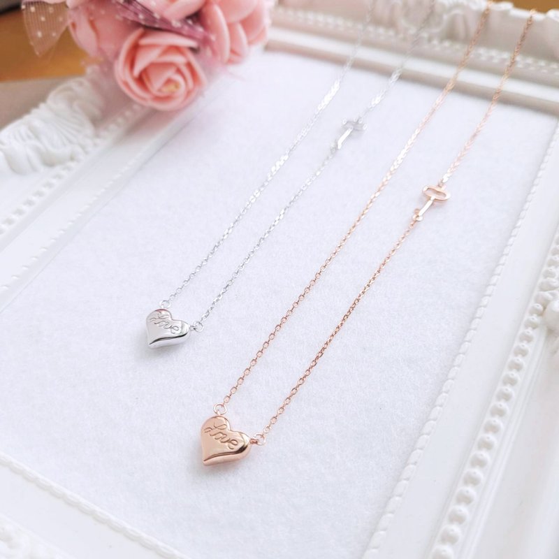 心动瞬间。心形与小钥匙造型 925银项链 短链 - 项链 - 纯银 银色
