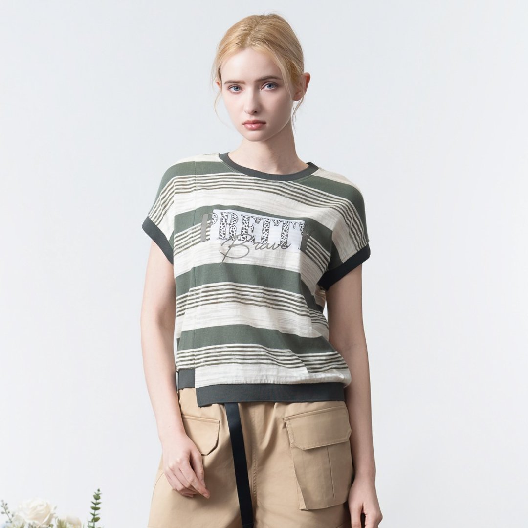 【MEDUSA】PRETTY 柔棉绿色条纹切接T恤(M-XL) | 女休闲上衣 - 女装 T 恤 - 棉 绿色