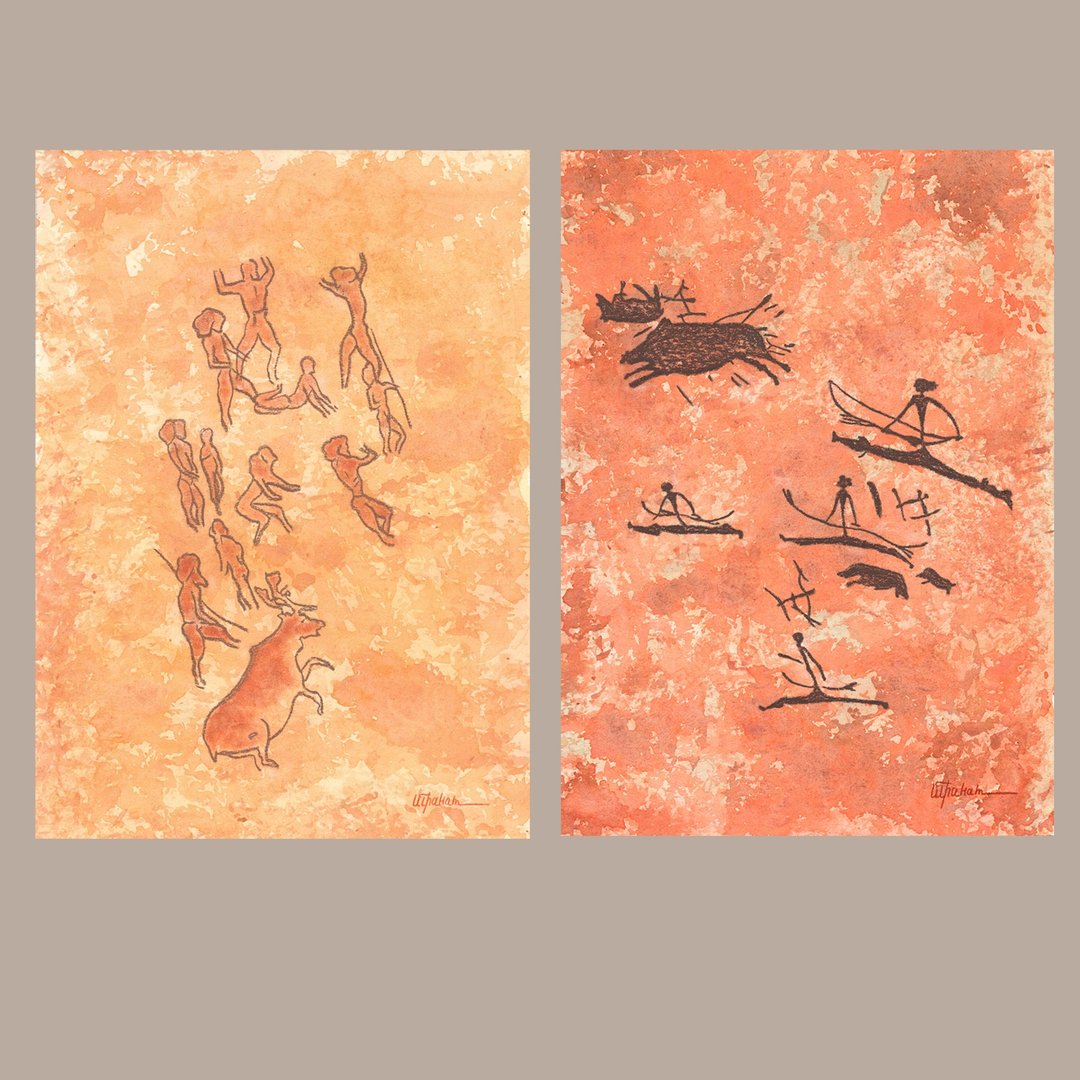 猛犸象狩猎画内部史前艺术水彩画结束粉彩画 - 海报/装饰画/版画 - 纸 橘色