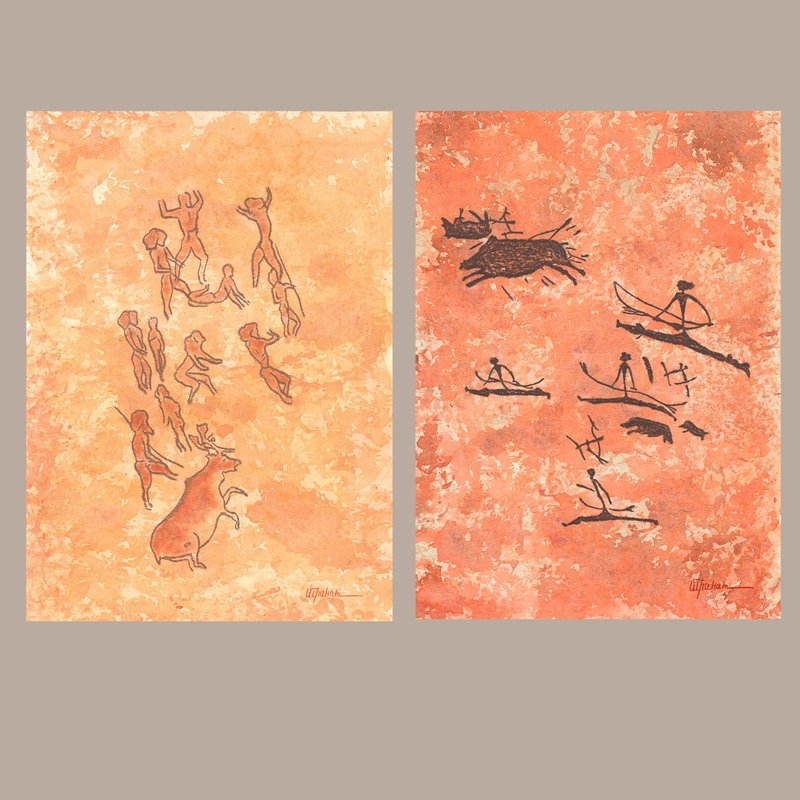 猛犸象狩猎画内部史前艺术水彩画结束粉彩画 - 海报/装饰画/版画 - 纸 橘色