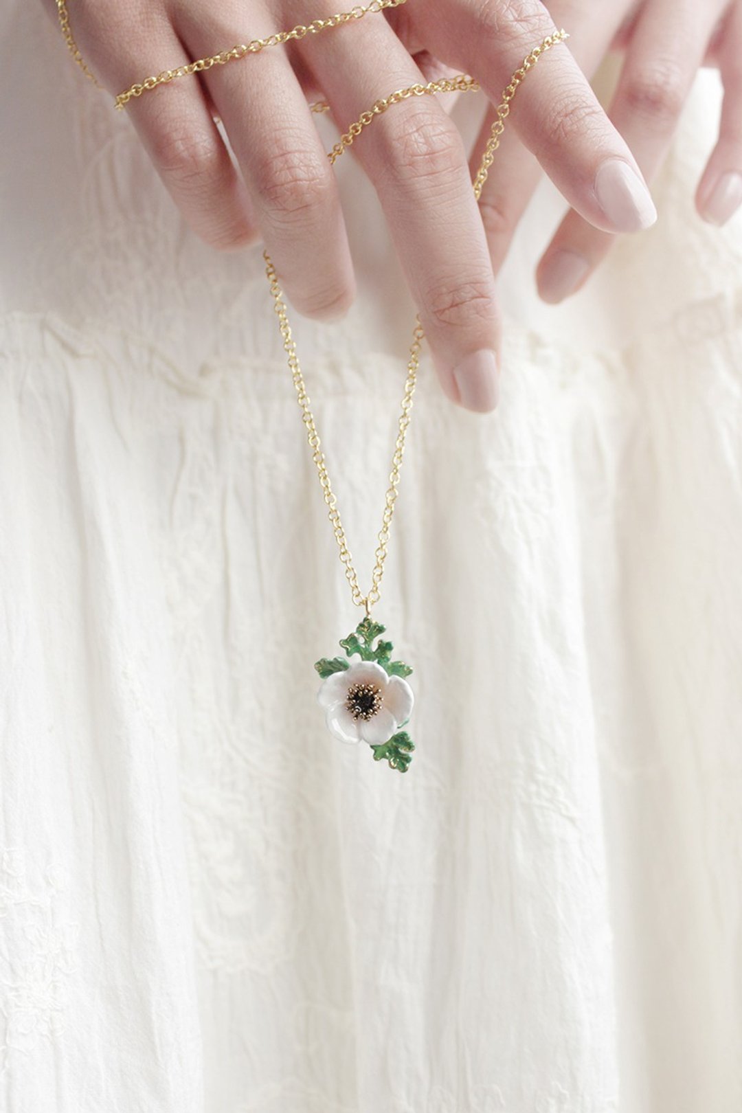Anemone Necklace White, Anemone Flower, White flower, Flower Ring - 项链 - 其他金属 白色