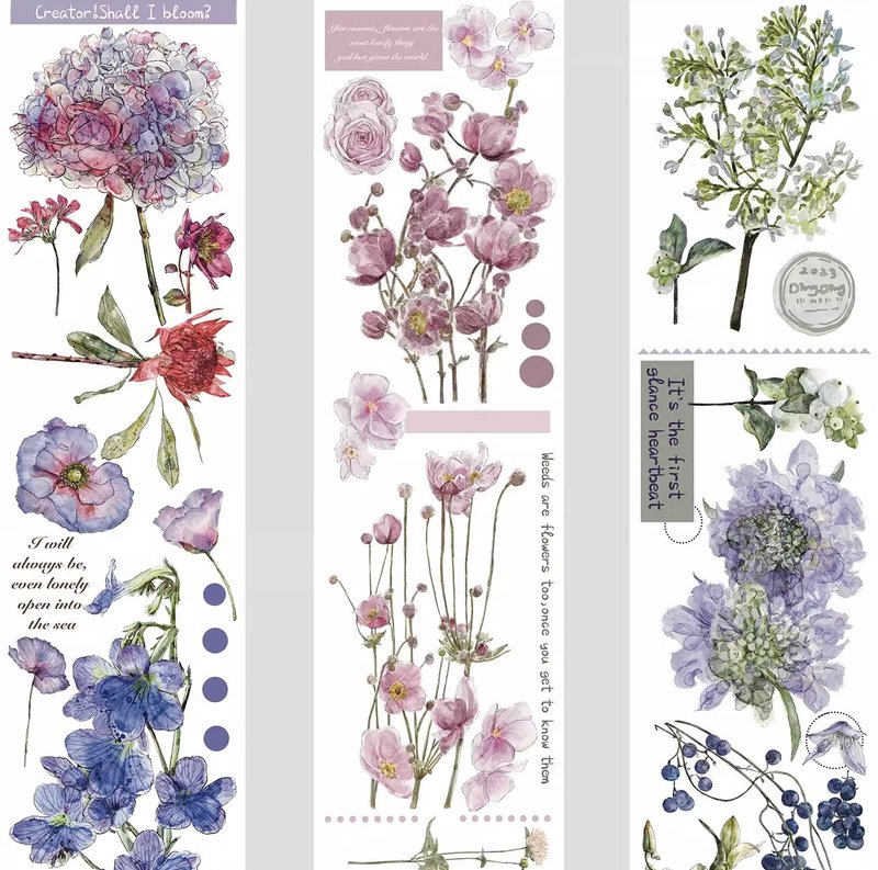 花唧 大花卉手稿 PET 和紙膠帶 5米卷 - 纸胶带 - 其他材质 多色