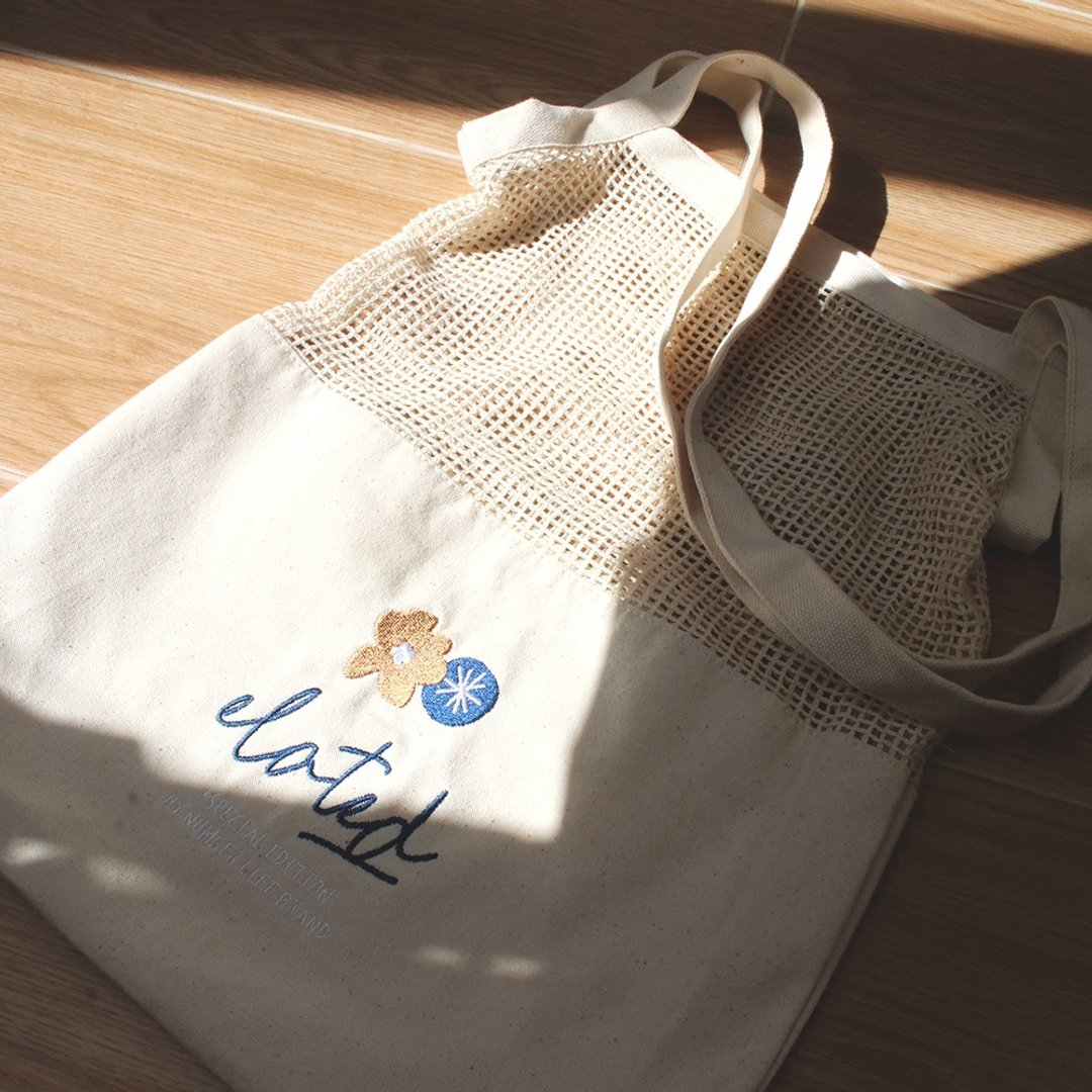 elated 花花刺绣 拼接网袋 托特包 Tote Bag - 手提包/手提袋 - 棉 白色