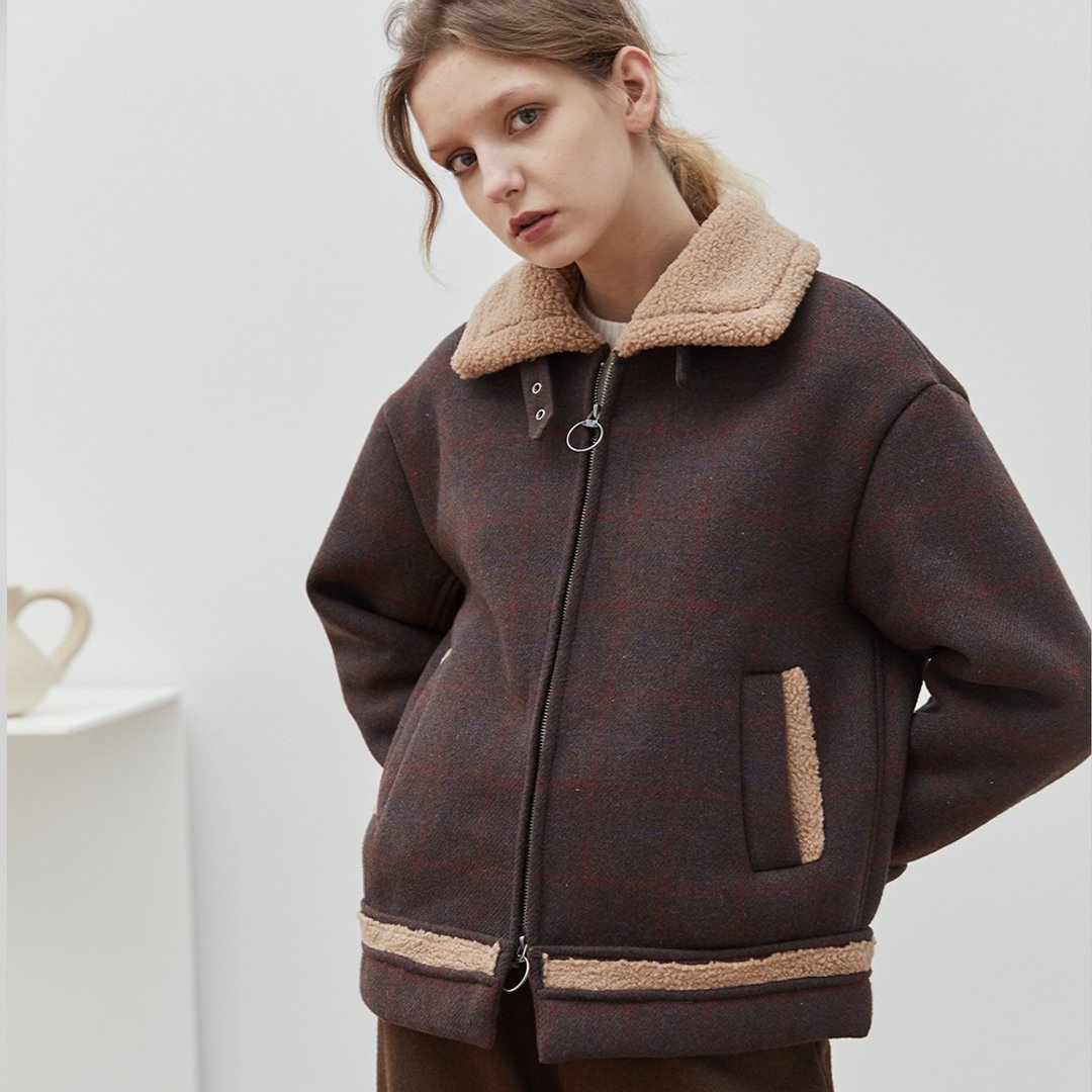Safari Coat 深咖啡色 狩猎毛呢料复合夹克外套 中性宽松羊羔毛 - 女装休闲/机能外套 - 羊毛 咖啡色
